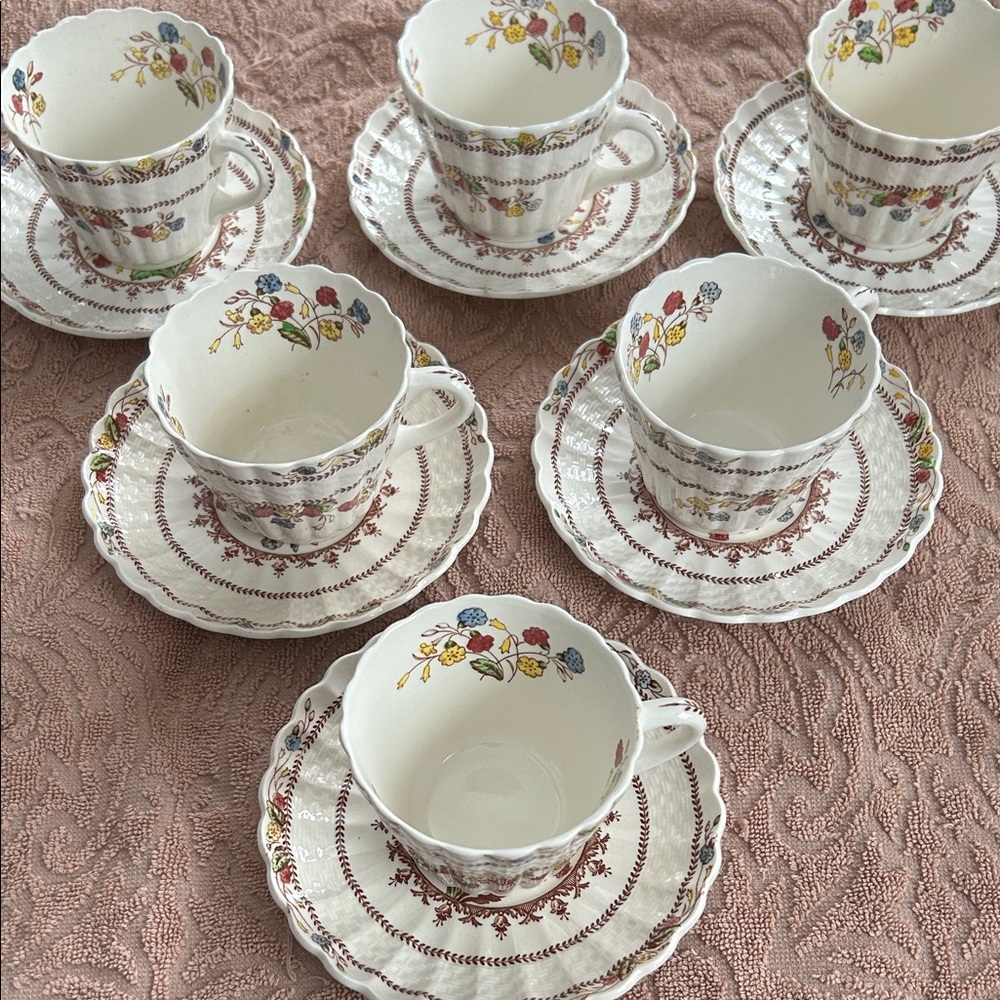 Spode Copeland "Cowslip" Floral Cup and Saucer Set of 6 - Multicolor